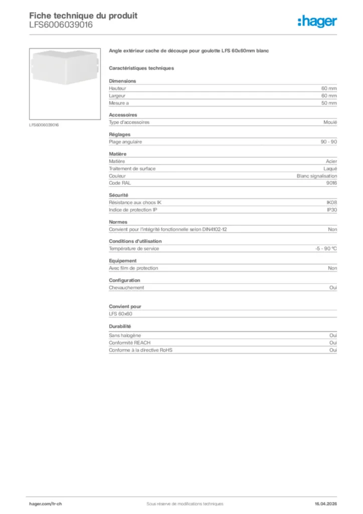 Image Hager Fiche technique du produit LFS6006039016 | Hager Suisse
