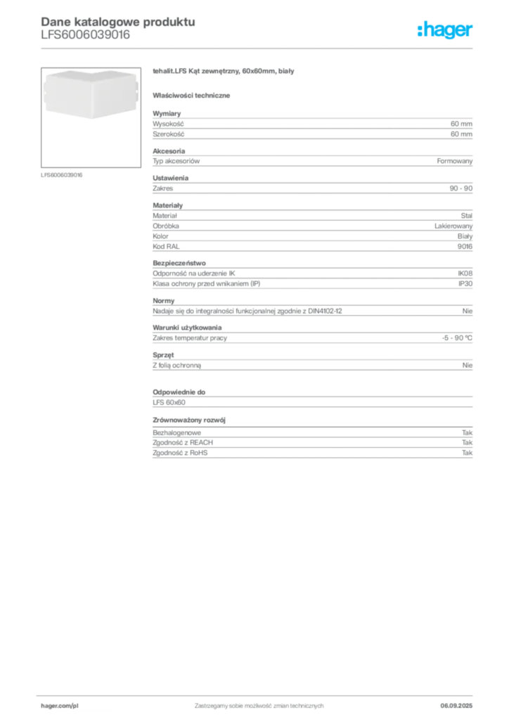Zdjęcie Hager Dane katalogowe produktu LFS6006039016 | Hager Polska