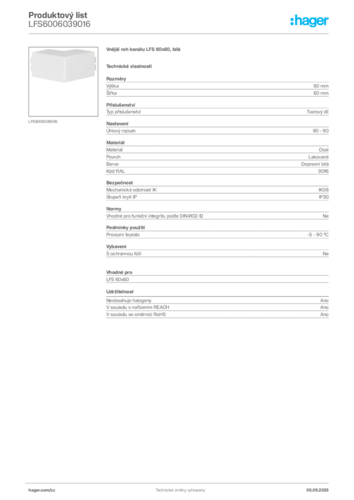 Obrázek Hager Produktový list LFS6006039016 | Hager