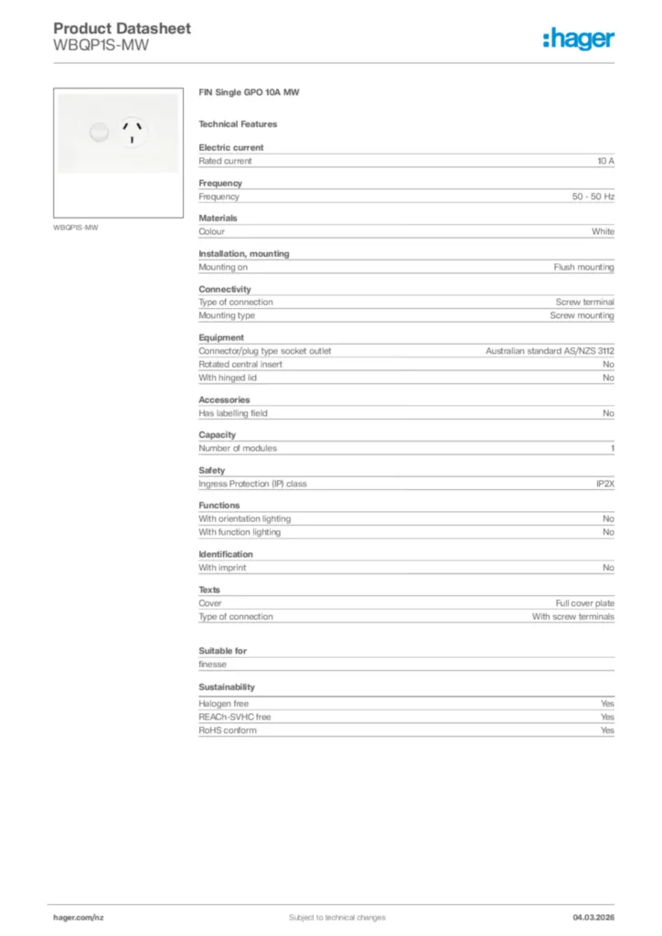 Image Hager Product data sheet WBQP1S-MW  | Hager New Zealand