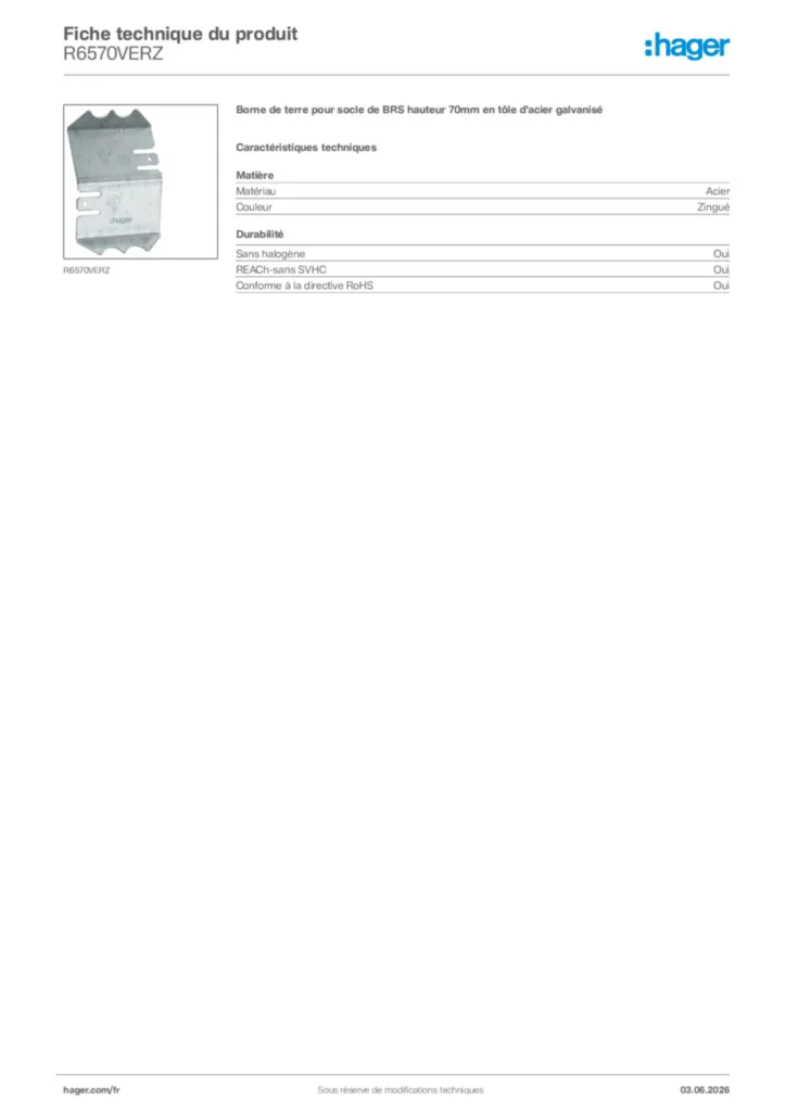 Image Hager Fiche technique du produit R6570VERZ | Hager France
