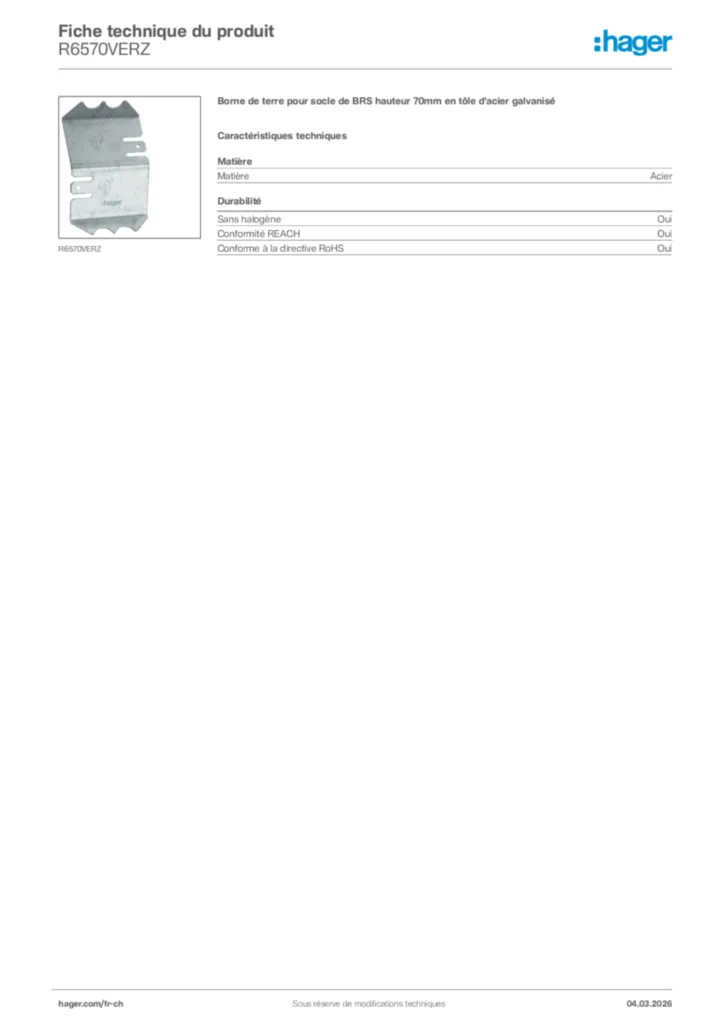 Image Hager Fiche technique du produit R6570VERZ | Hager Suisse
