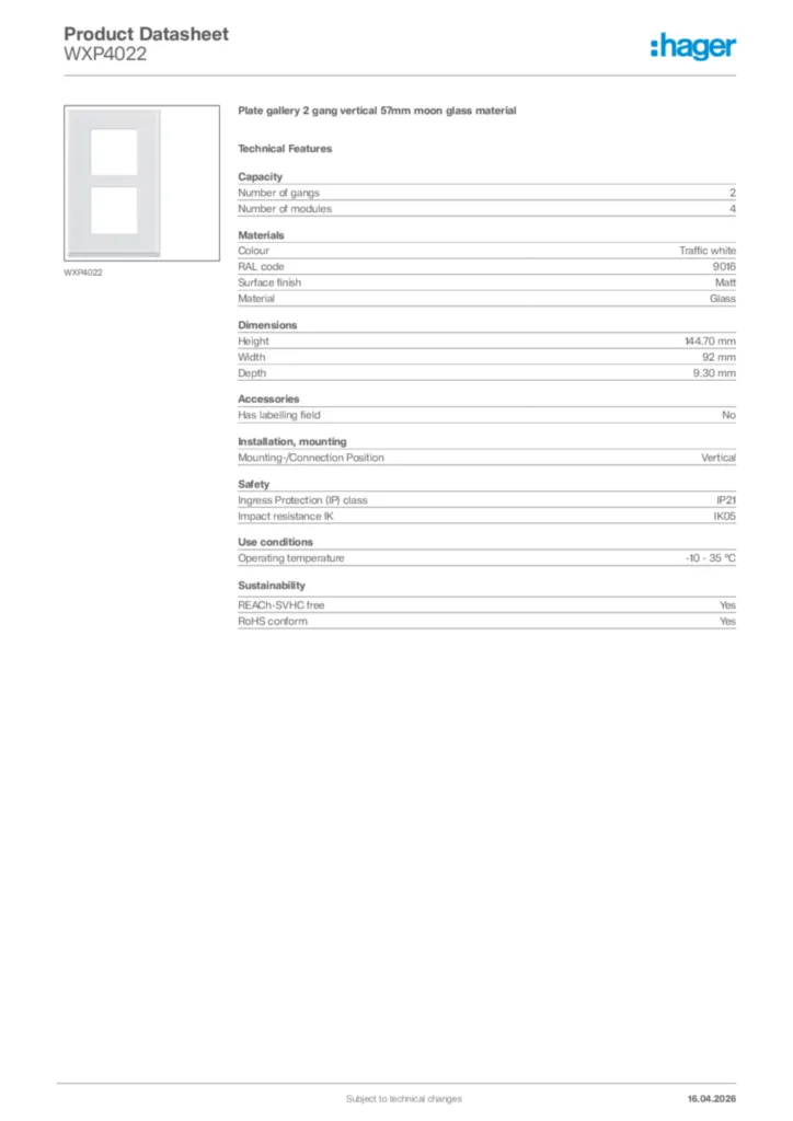 Image Hager Product data sheet WXP4022  | Hager Africa