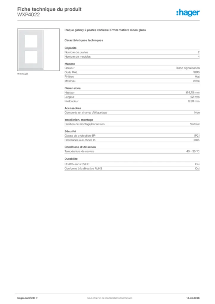 Image Hager Fiche technique du produit WXP4022 | Hager Afrique