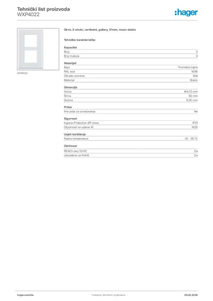 Slika Hager Tehnički list proizvoda WXP4022  | Hager
