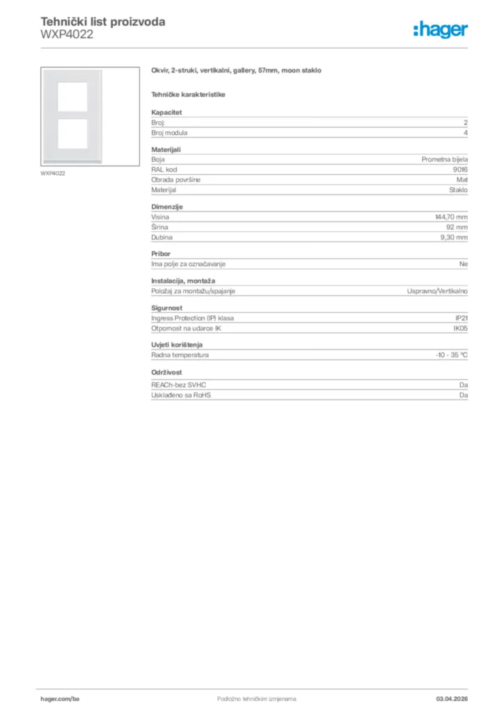 Slika Hager Tehnički list proizvoda WXP4022  | Hager