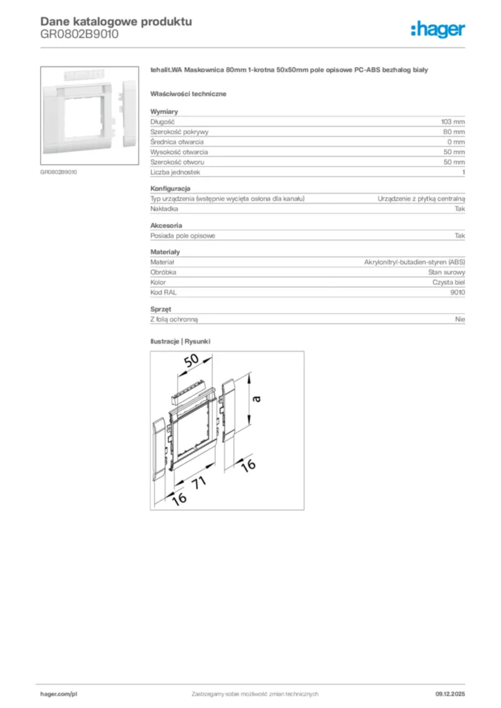 Zdjęcie Hager Karta katalogowa GR0802B9010 | Hager Polska