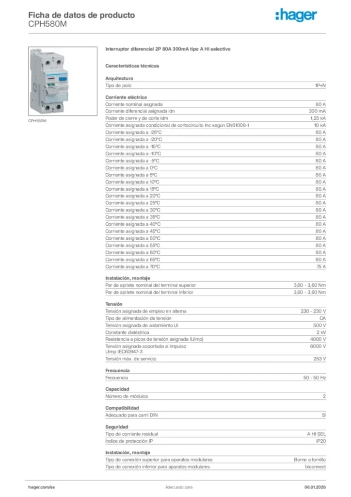 Imagen Hager Ficha de datos de producto CPH580M | Hager España