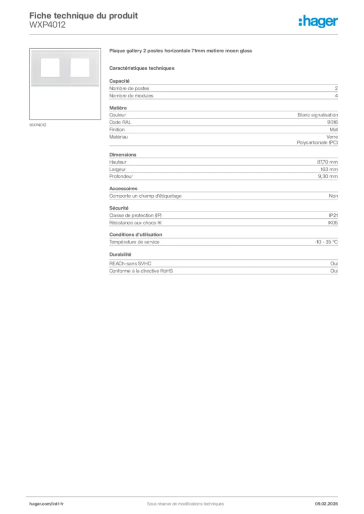 Image Hager Fiche technique du produit WXP4012 | Hager Afrique