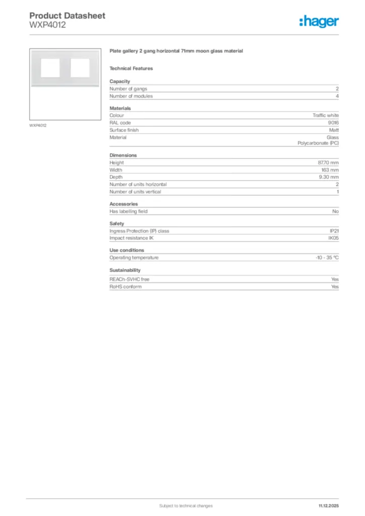 Image Hager Product data sheet WXP4012  | Hager