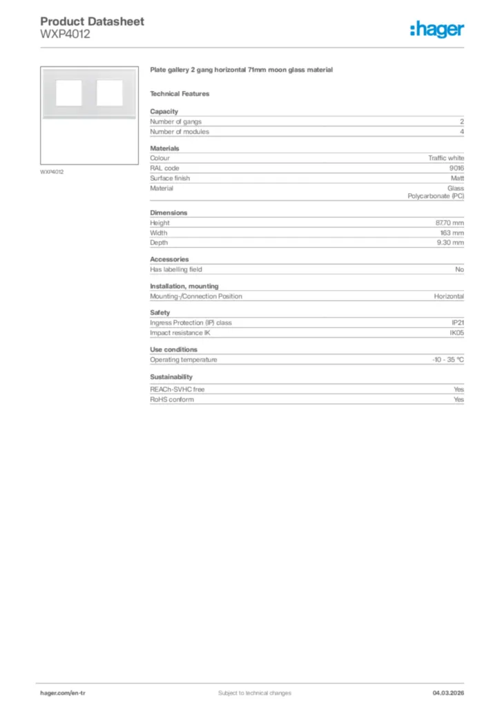 Image Hager Product data sheet WXP4012  | Hager