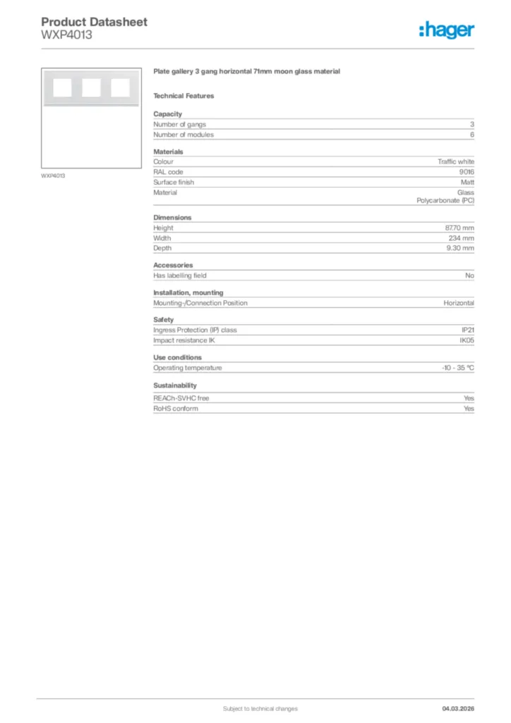 Image Hager Product data sheet WXP4013  | Hager Africa