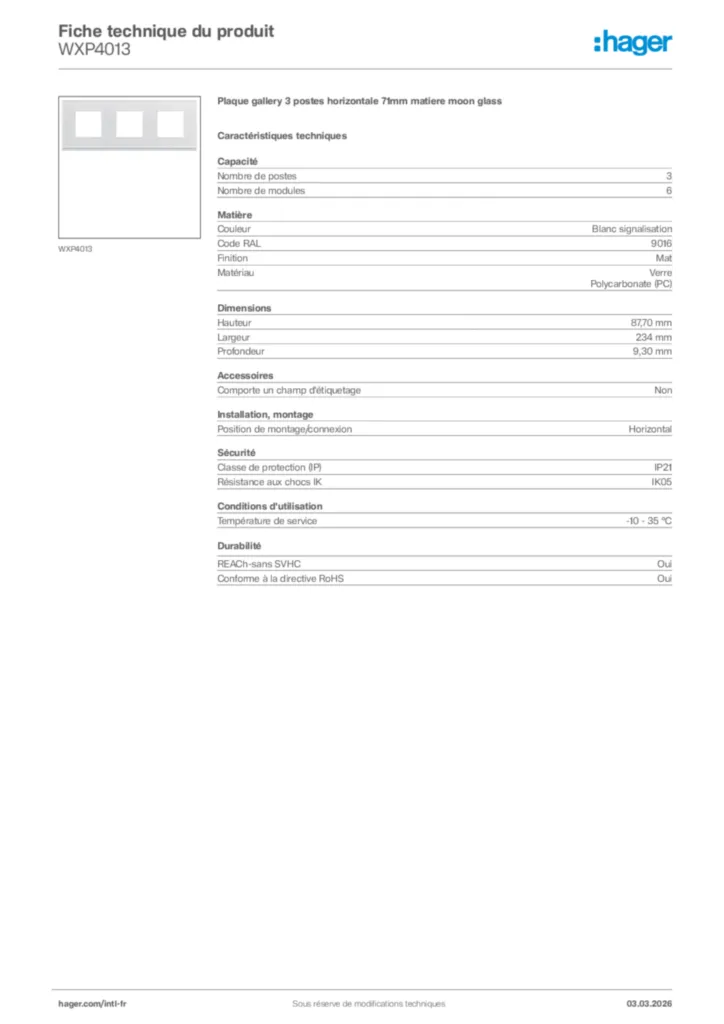 Image Hager Fiche technique du produit WXP4013 | Hager Afrique