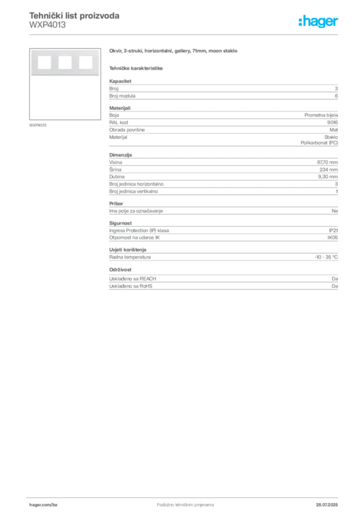 Slika Hager Product data sheet WXP4013  | Hager