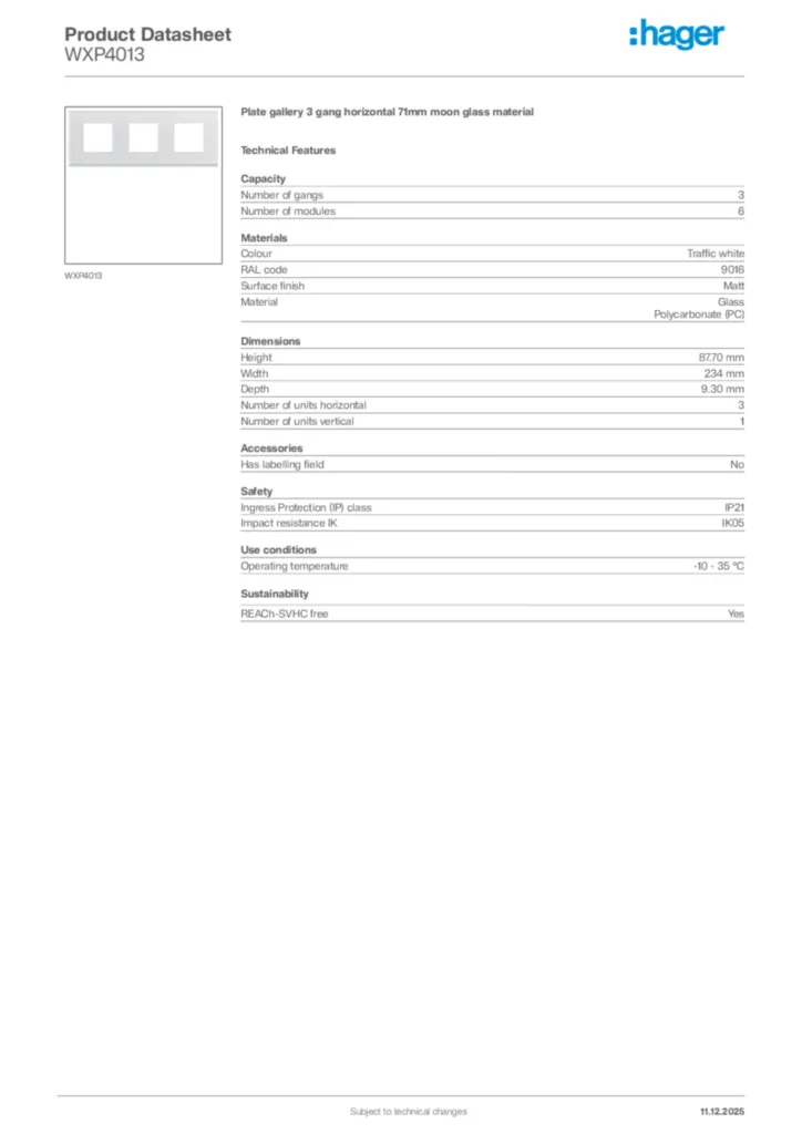 Image Hager Product data sheet WXP4013  | Hager