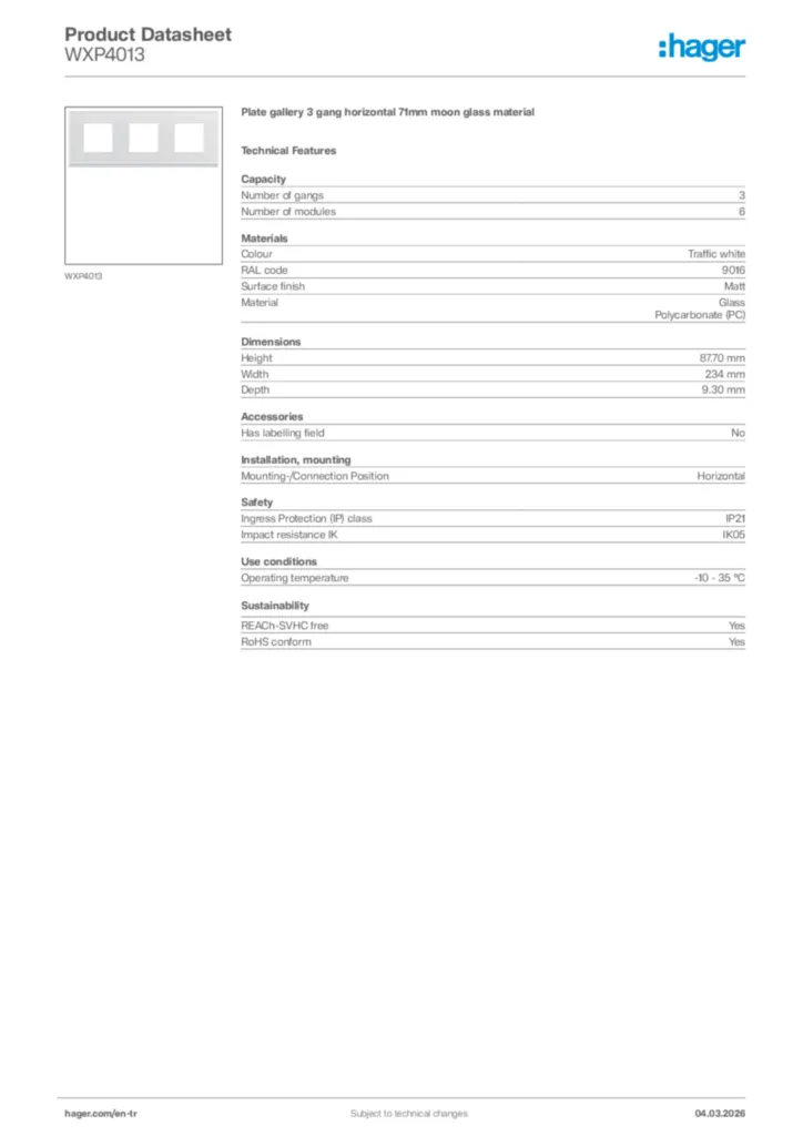 Image Hager Product data sheet WXP4013  | Hager