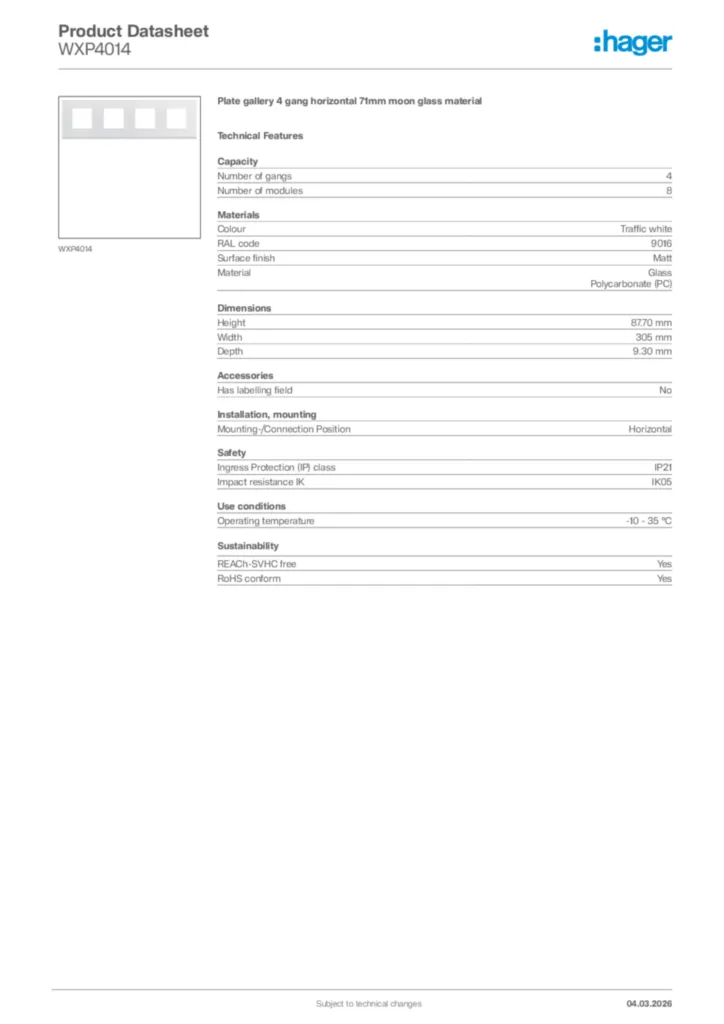 Image Hager Product data sheet WXP4014  | Hager Africa
