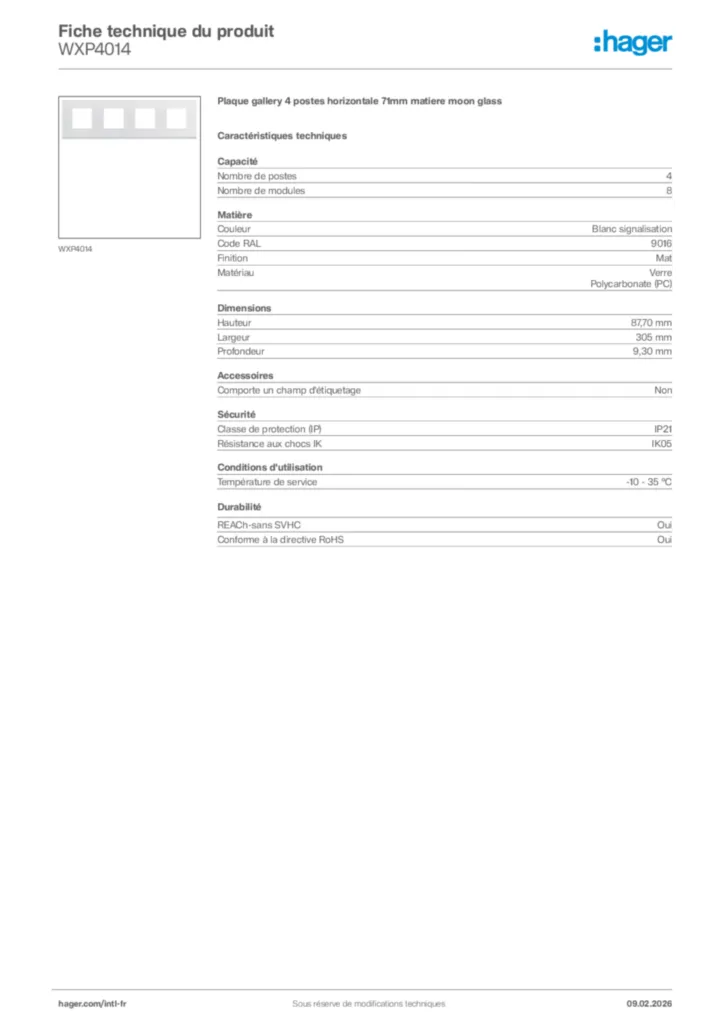 Image Hager Fiche technique du produit WXP4014 | Hager Afrique