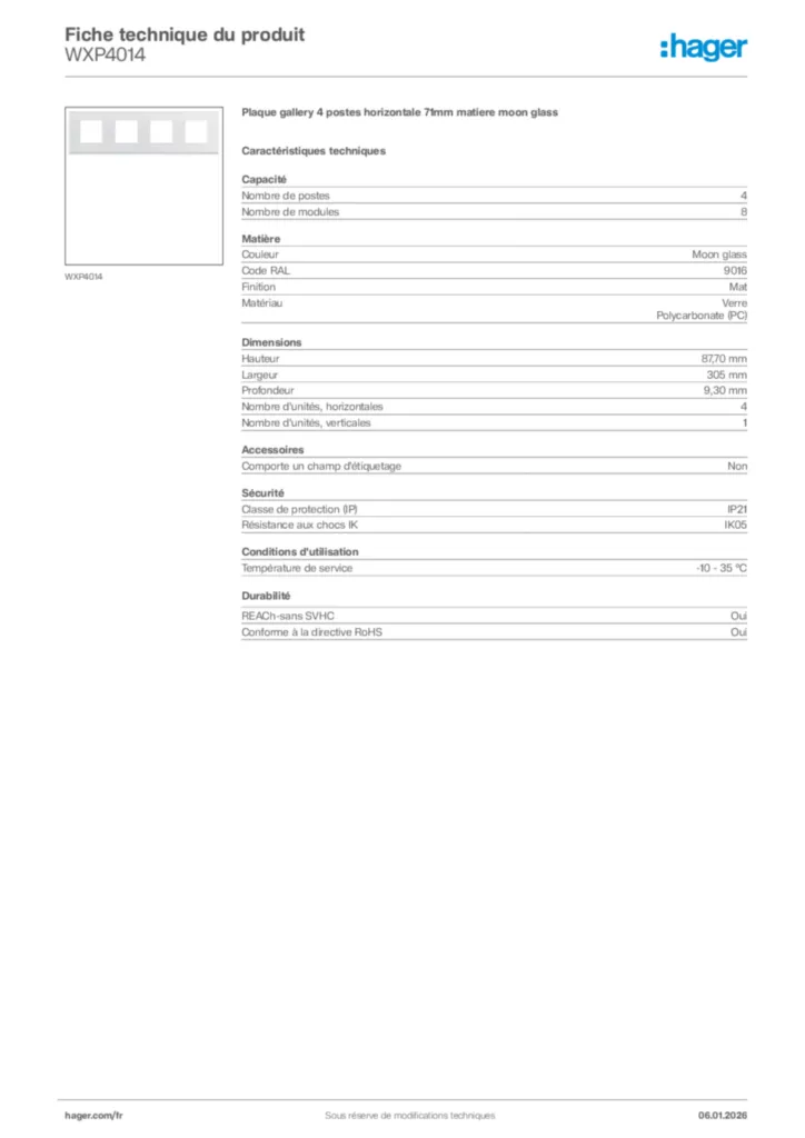 Image Hager Fiche technique du produit WXP4014 | Hager France