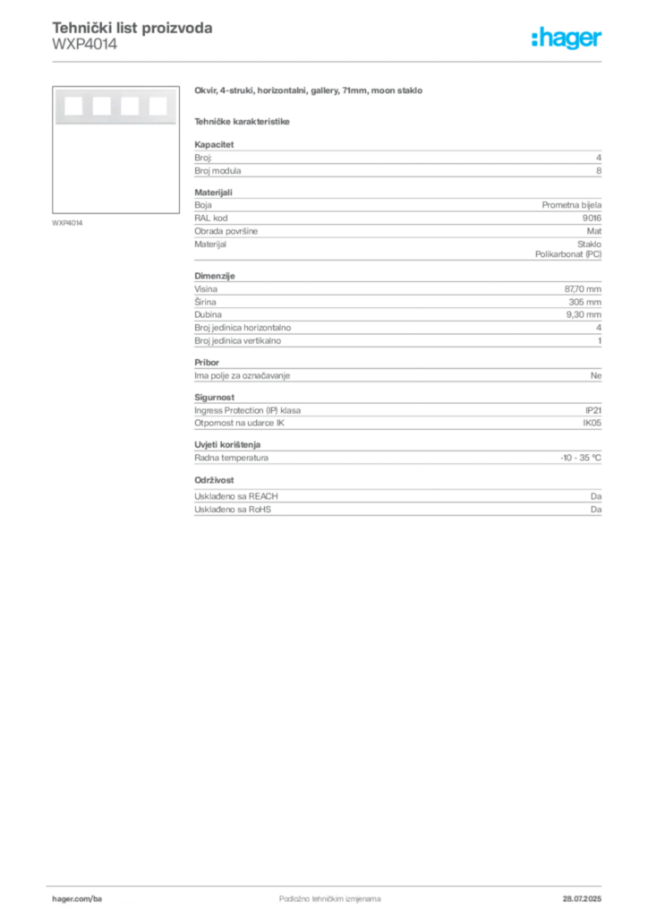 Slika Hager Product data sheet WXP4014  | Hager