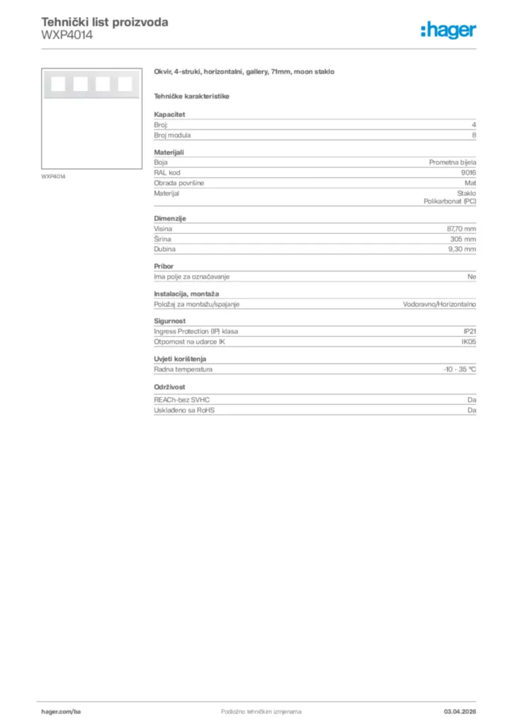 Slika Hager Tehnički list proizvoda WXP4014  | Hager