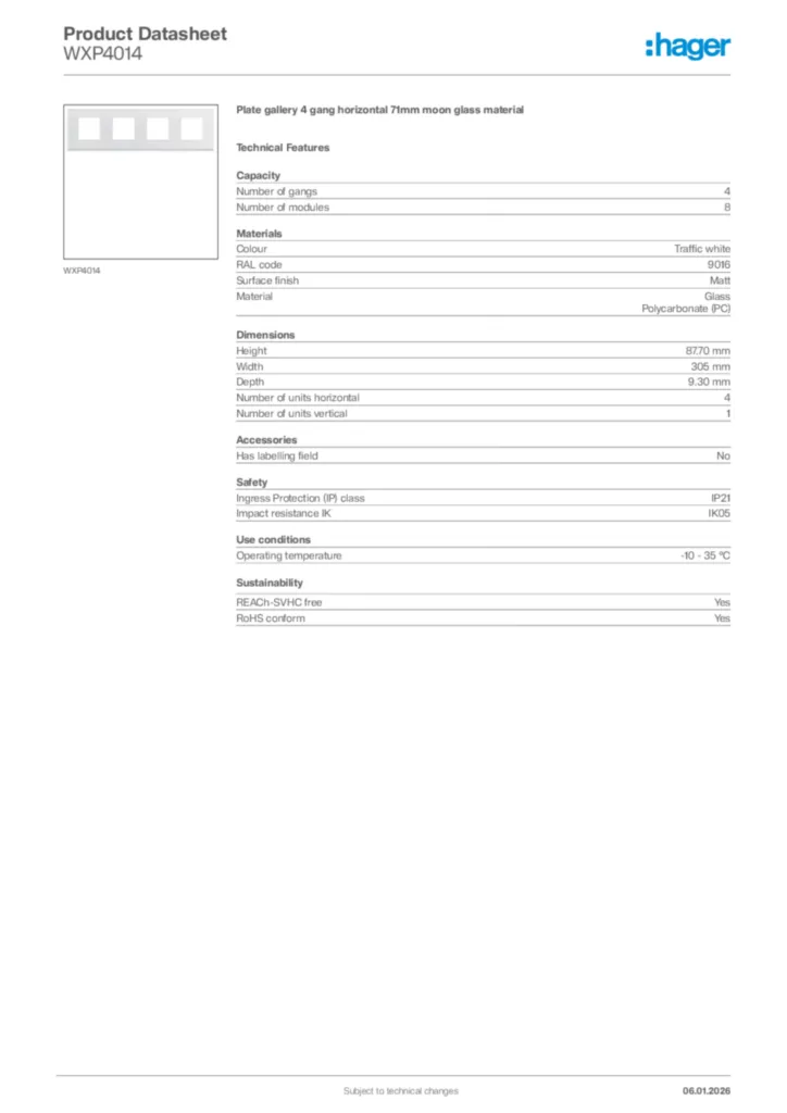 Image Hager Product data sheet WXP4014  | Hager
