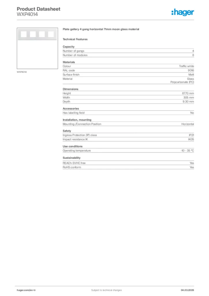 Image Hager Product data sheet WXP4014  | Hager