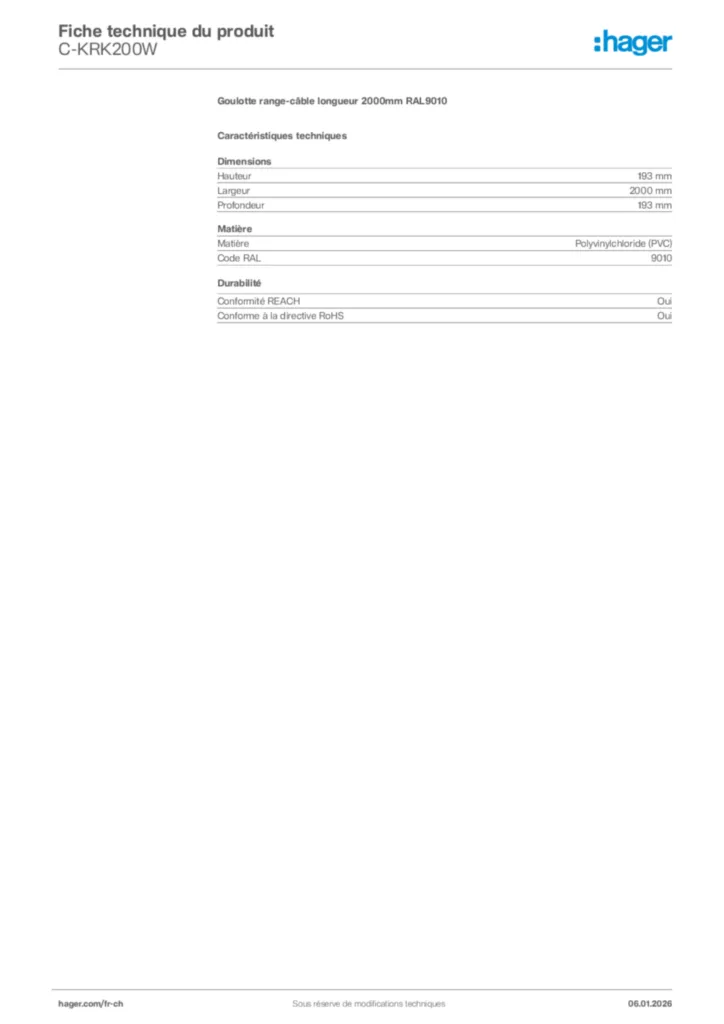 Image Hager Fiche technique du produit C-KRK200W | Hager Suisse