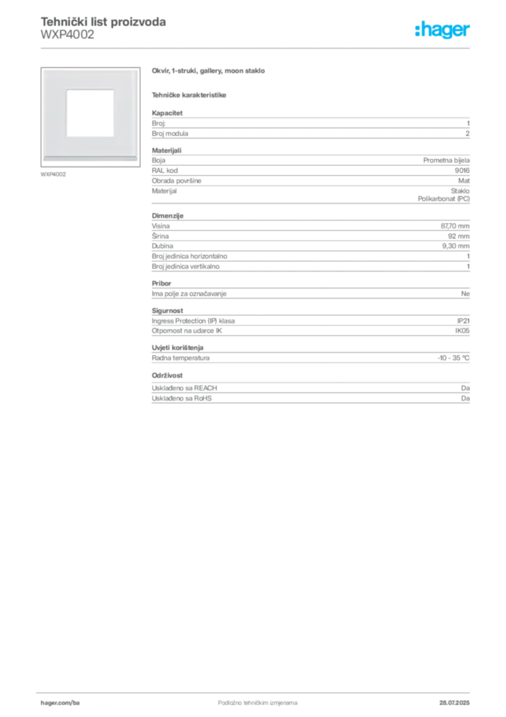 Slika Hager Product data sheet WXP4002  | Hager