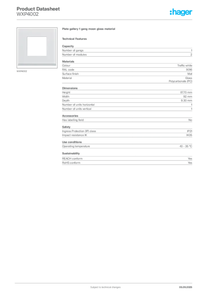 Image Hager Product data sheet WXP4002  | Hager