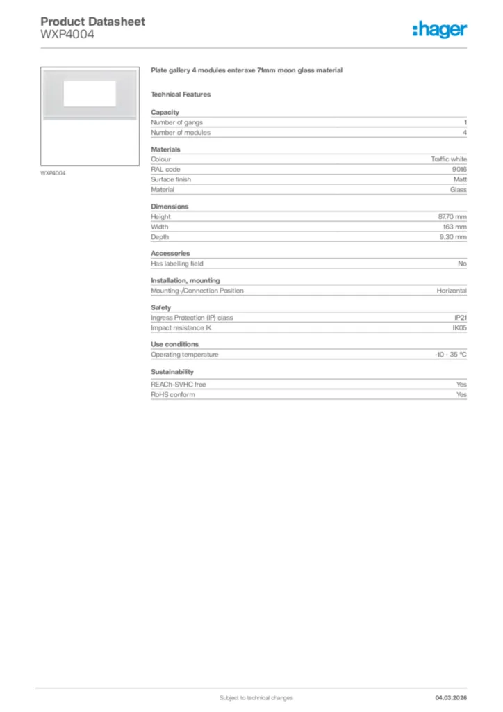 Image Hager Product data sheet WXP4004  | Hager Africa