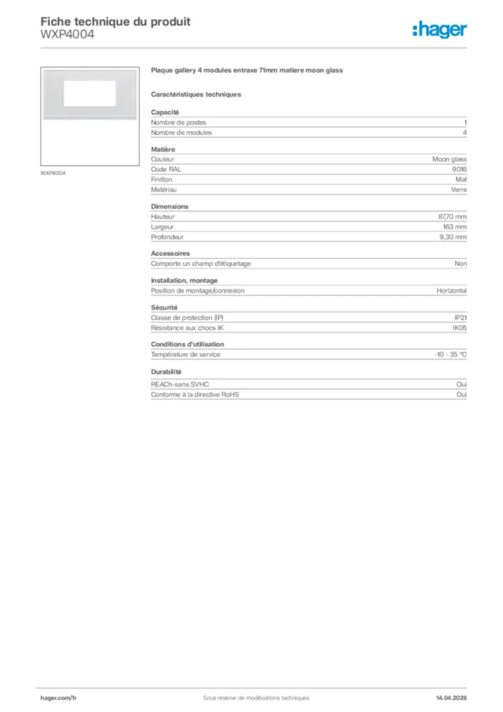 Image Hager Fiche technique du produit WXP4004 | Hager France