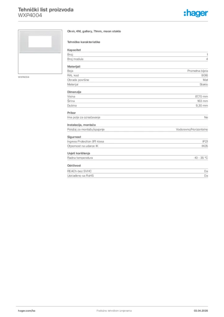 Slika Hager Tehnički list proizvoda WXP4004  | Hager