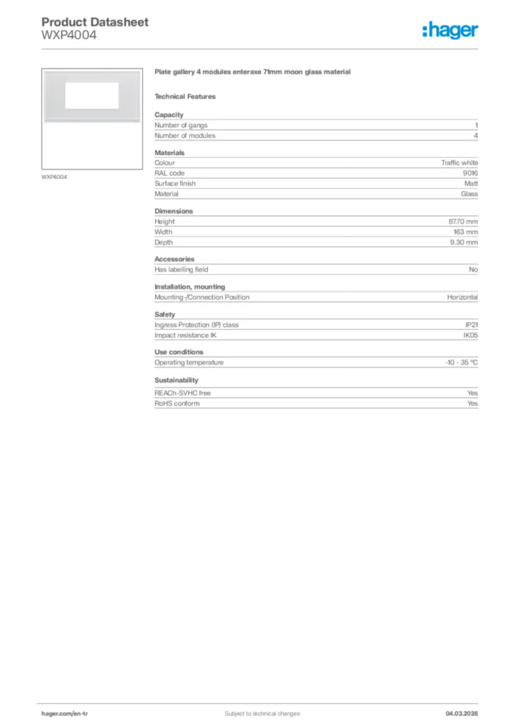 Image Hager Product data sheet WXP4004  | Hager