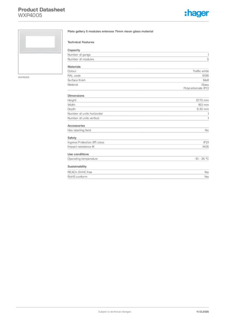 Image Hager Product data sheet WXP4005  | Hager Africa