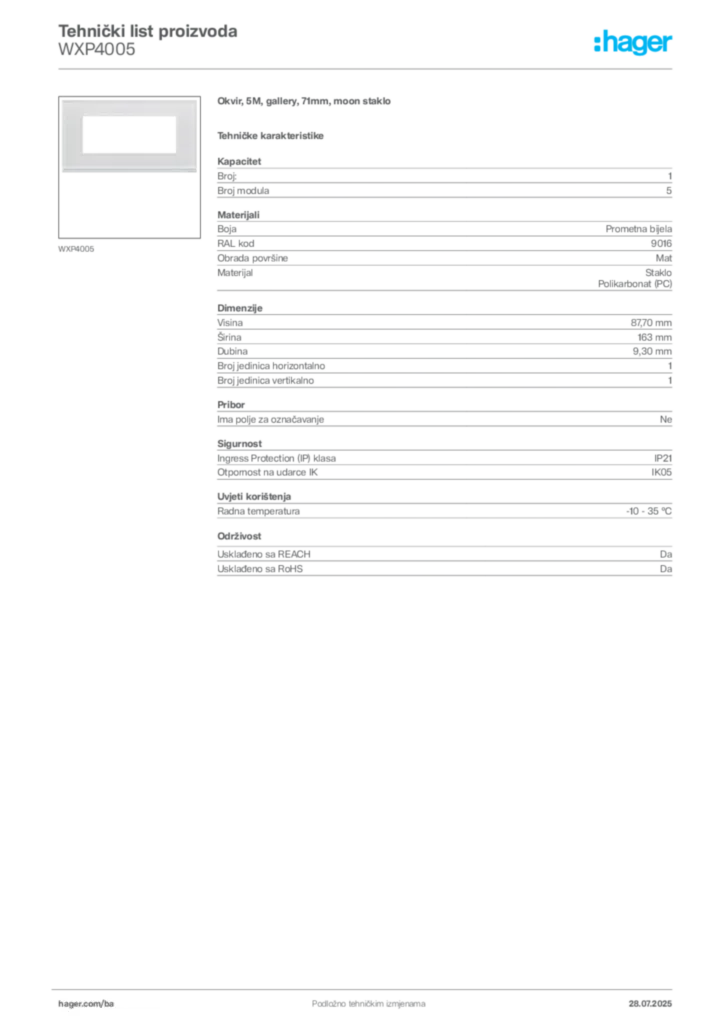 Slika Hager Product data sheet WXP4005  | Hager