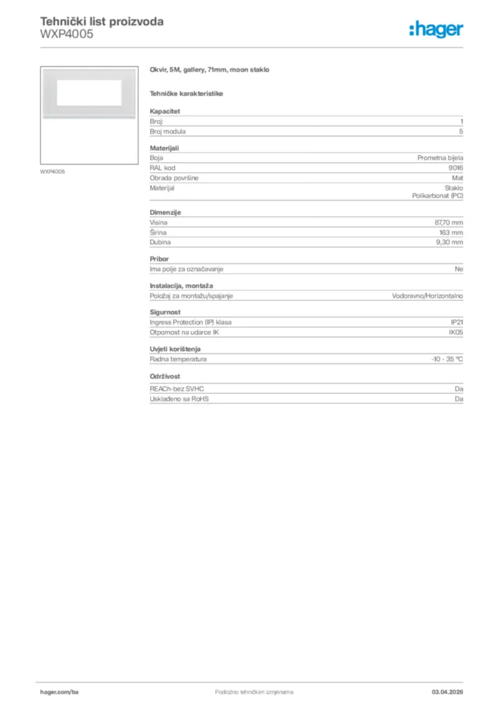 Slika Hager Tehnički list proizvoda WXP4005  | Hager