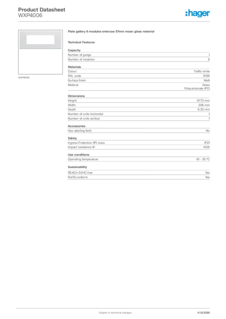 Image Hager Product data sheet WXP4006  | Hager Africa
