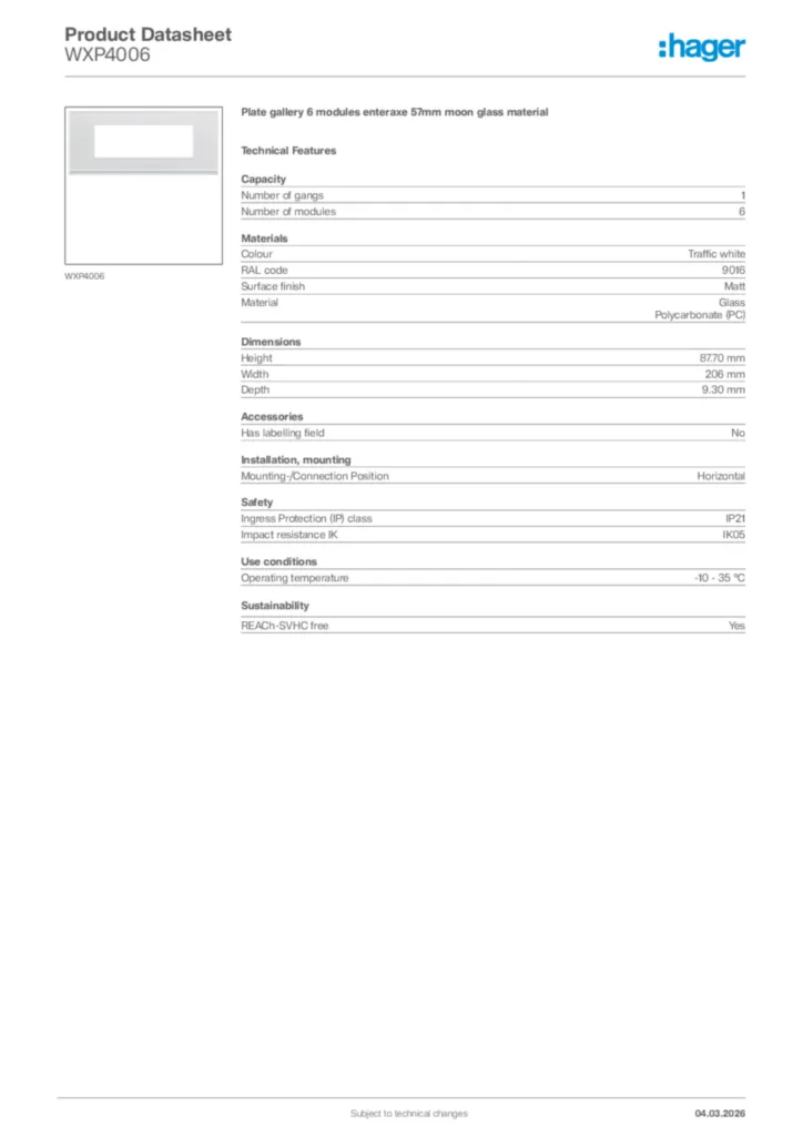 Image Hager Product data sheet WXP4006  | Hager Africa