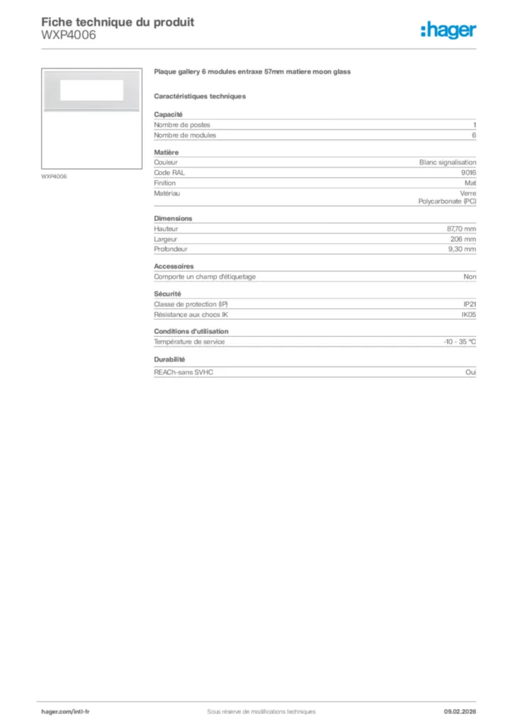 Image Hager Fiche technique du produit WXP4006 | Hager Afrique