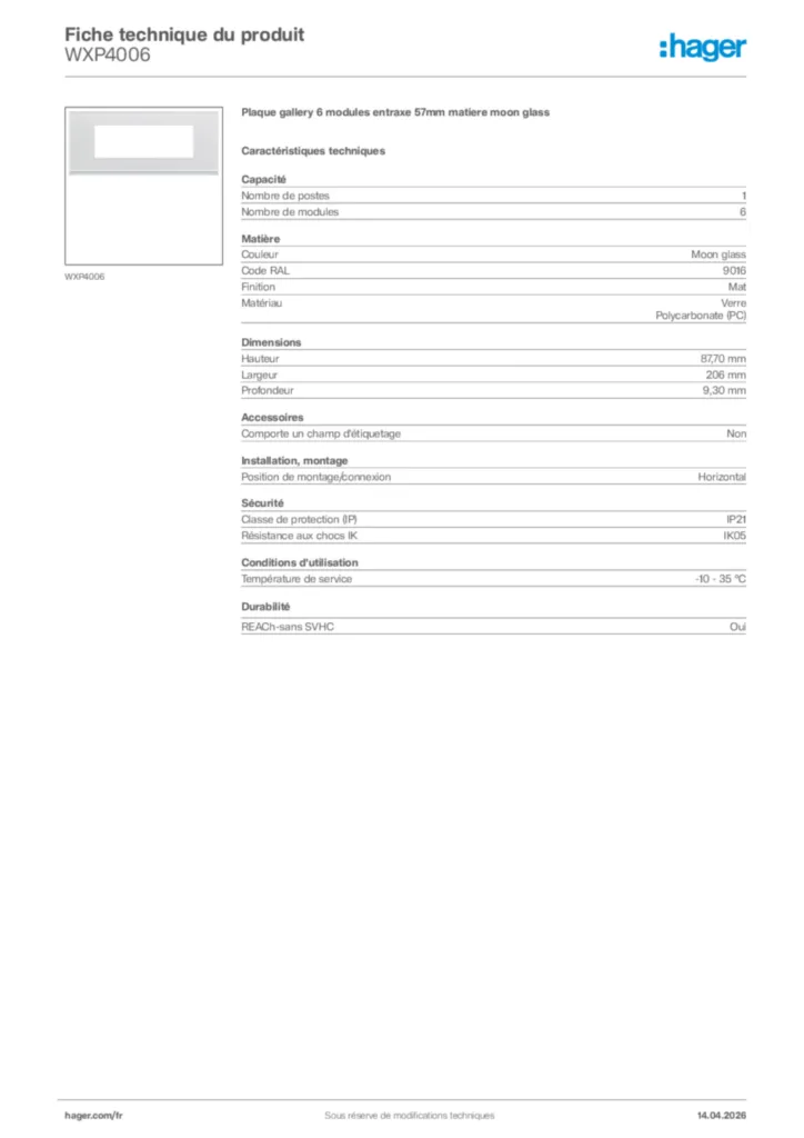 Image Hager Fiche technique du produit WXP4006 | Hager France