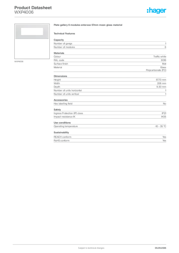 Image Hager Product data sheet WXP4006  | Hager