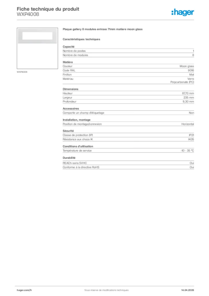 Image Hager Fiche technique du produit WXP4008 | Hager France