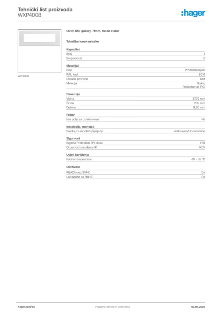 Slika Hager Tehnički list proizvoda WXP4008  | Hager