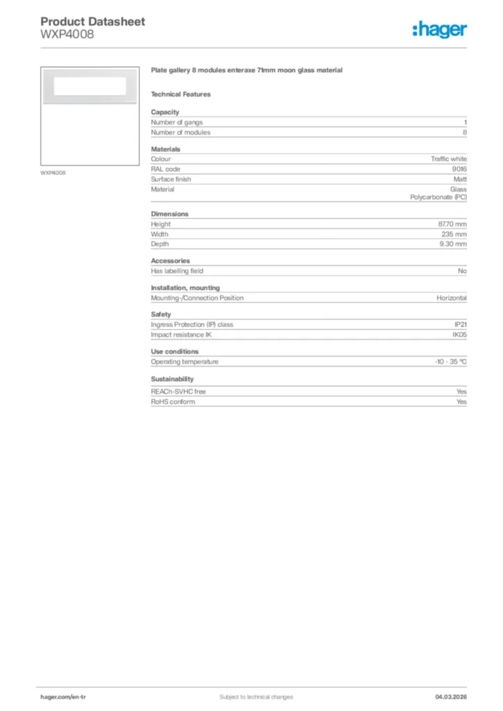 Image Hager Product data sheet WXP4008  | Hager