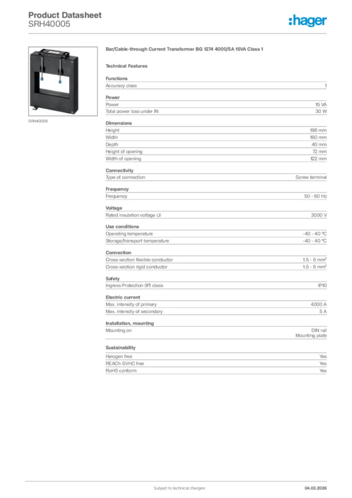 Image Hager Product data sheet SRH40005  | Hager Africa
