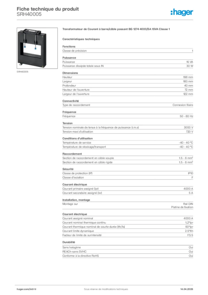 Image Hager Fiche technique du produit SRH40005 | Hager Afrique
