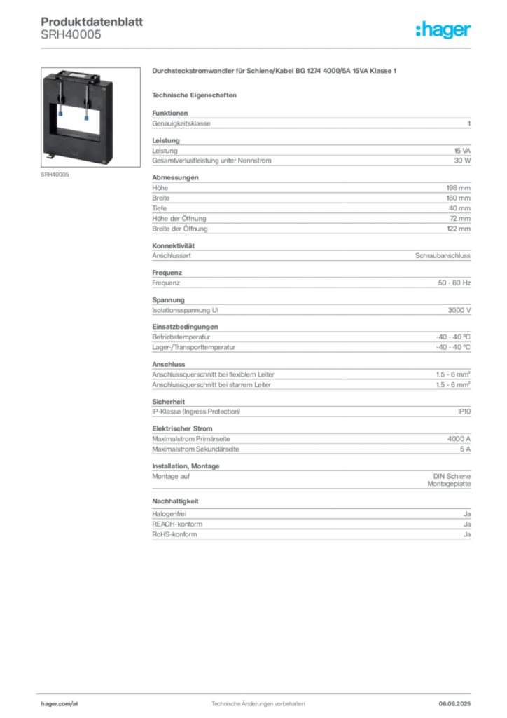 Bild Hager Produktdatenblatt SRH40005 | Hager Deutschland