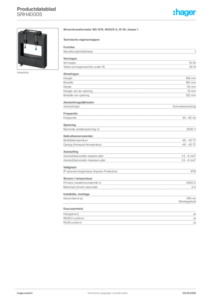 Afbeelding Hager Productdatablad SRH40005 | Hager Nederland