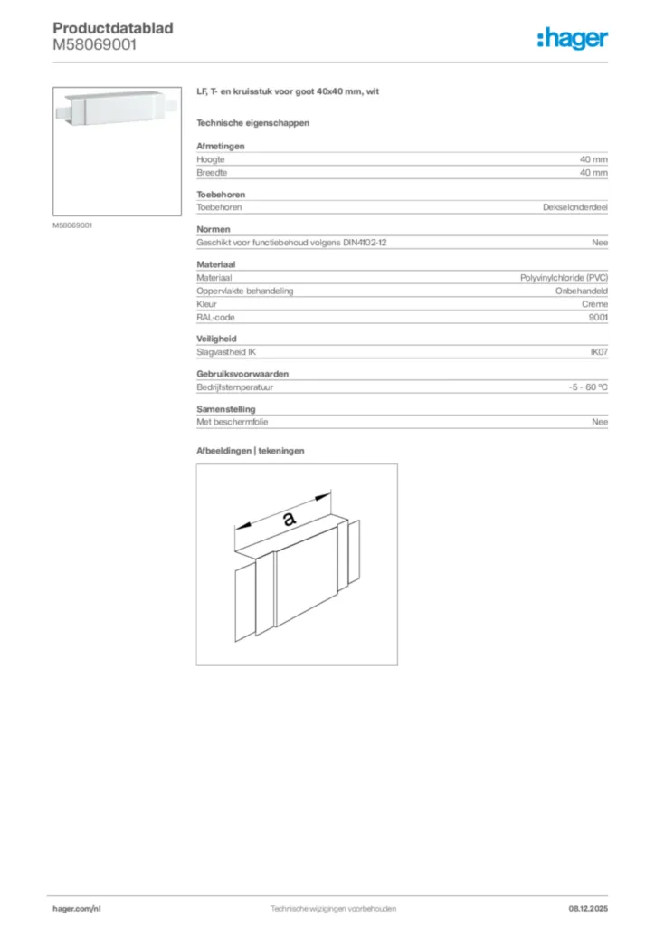 Afbeelding Hager Productdatablad M58069001 | Hager Nederland